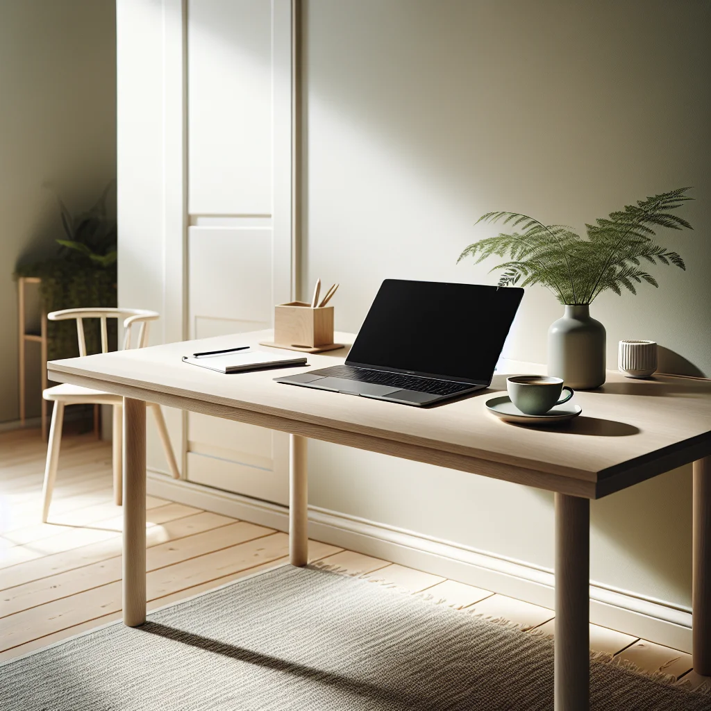 Minimalistiskt hemmakontor med laptop och matta – kontakta Mattrengöring.se